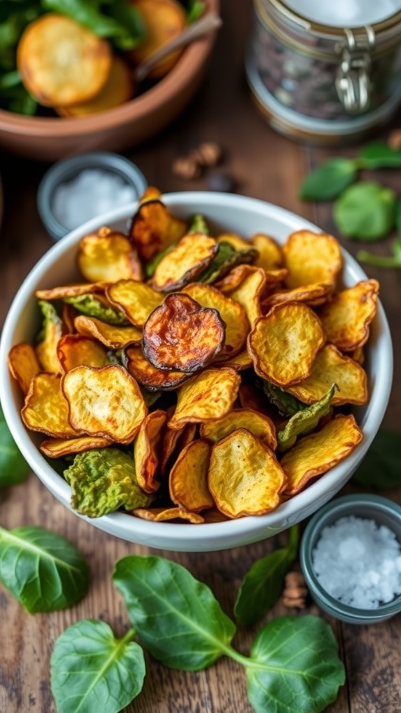 Crispy baked spinach chips in a bowl with fresh spinach leaves and sea salt on a wooden table.